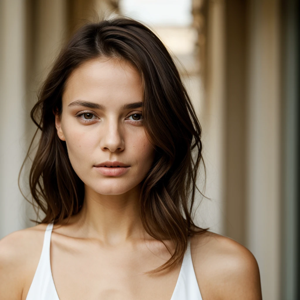 (one-1-person:1.2), beautiful French lady, brunette, no smile, dark makeup, hyperdetailed photography, soft light, head and shoulders portrait, cover, natural skin tone, skin detail, facing head full towards camera, looking direct at camera, soulful gaze, head shot, head position straight
