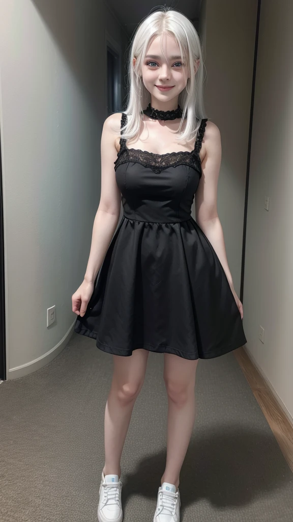 female teenager with white hair, white skin and blue eyes wearing short black dress and smiling full body