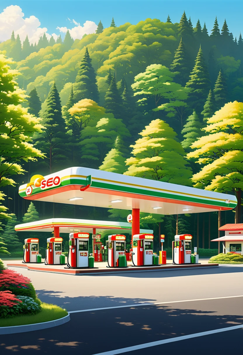 Seizo Watase style, a gas station illuminated by the summer sun, a landscape surrounded by green trees, pop design, and warm colors