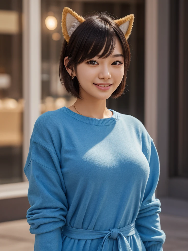 masterpiece, highest quality, official art, Highly detailed CG Unity 8K wallpaper, very beautiful woman, ultra high resolution, (realistic: 1.4), golden hour lighting, sweater dress, (Upper body), (K-POP idol), (attractive: 1), (Platinum Short Hair: 0.8), ((puffy eyes)), looking at the viewer, facing forward, smile, laughter,middle chest, shirt lift, gloves,short hair, ( Blue dog ears),