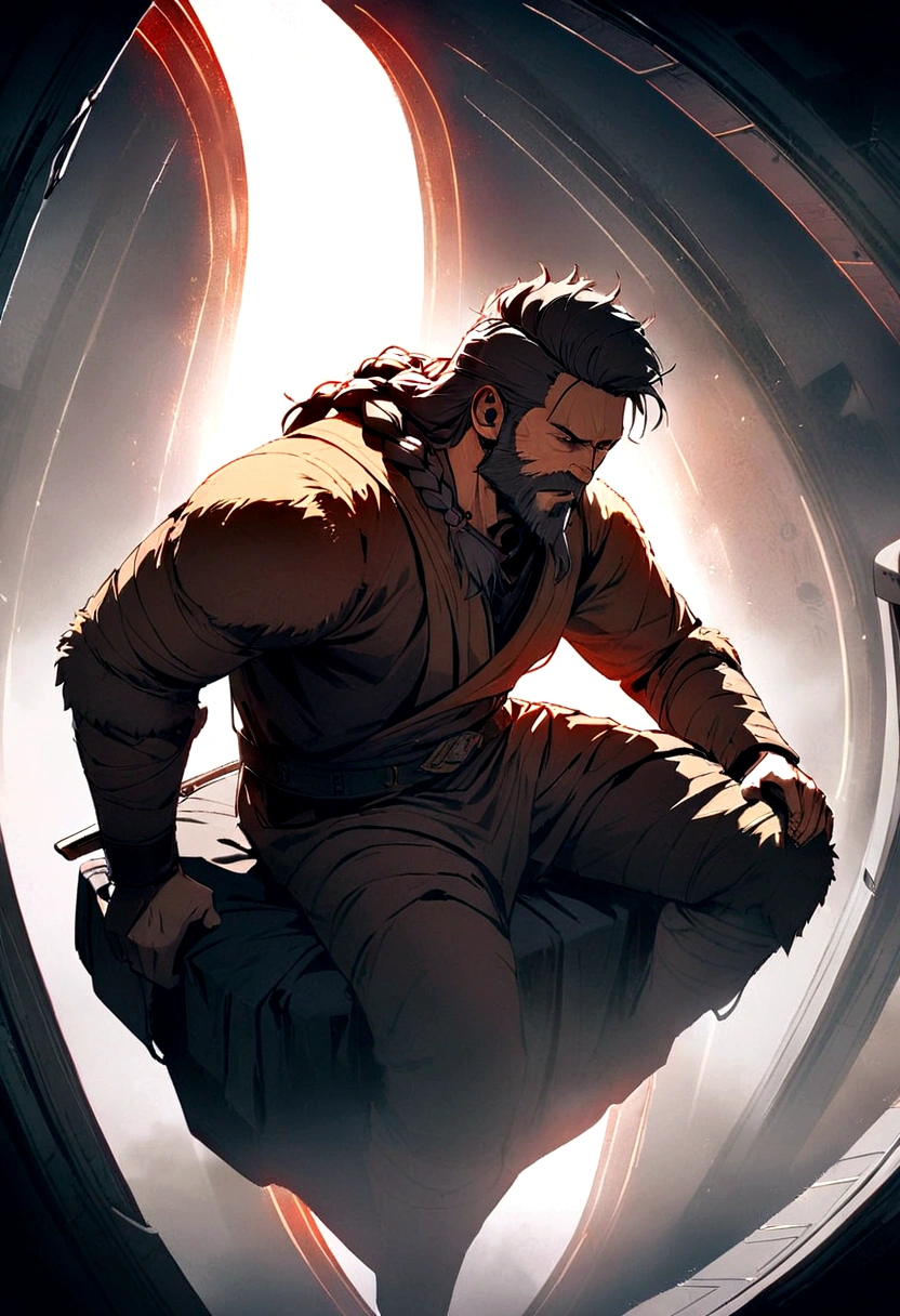 a mature Viking man with braided hair and Scarlett beard,sitting in a futuristic spaceship, your chair wrapped in bearskin, sharpening a high-tech ax,detailed face and expression,details Intricate,cinematic lighting,dramatic atmosphere,epic scale,Warm Color Palette,epic and atmospheric