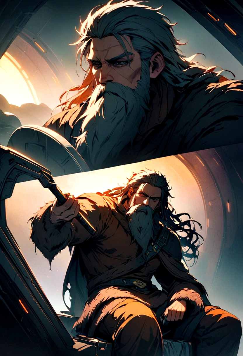 a mature Viking man with braided hair and Scarlett beard,sitting in a futuristic spaceship, your chair wrapped in bearskin, sharpening a high-tech ax,detailed face and expression,details Intricate,cinematic lighting,dramatic atmosphere,epic scale,Warm Color Palette,epic and atmospheric