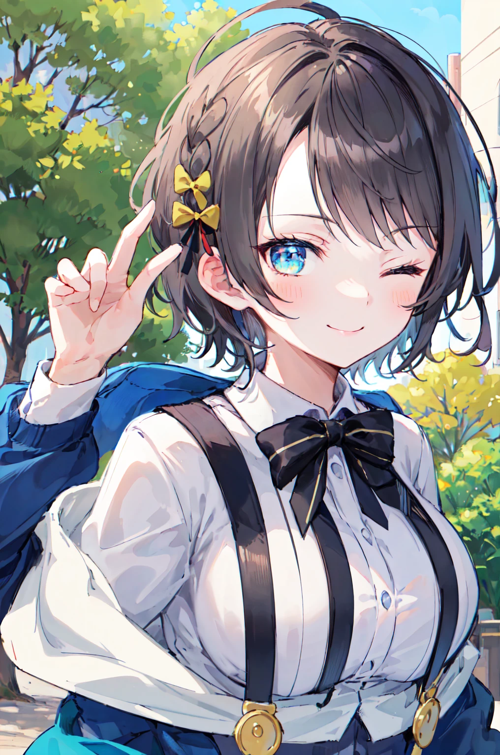 2D, masterpiece, Highest quality, anime, Very detailed, One girl, alone, subaru_suspenders, subaru_suspenders, French Braid, Blue jacket, Grey Shirt, Black bow tie, Outdoor, smile 、Eyes closed、A big smile、Close-up of face、breast enhancement