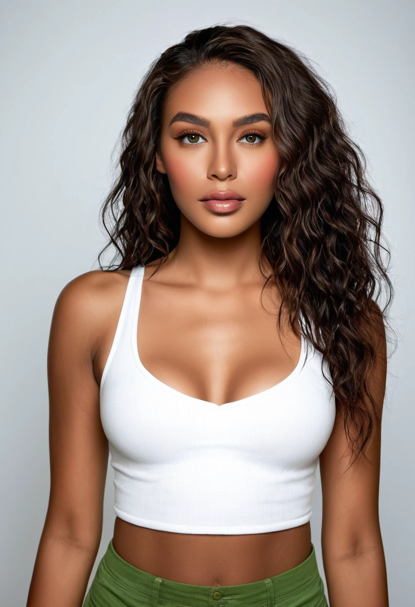 Sexy woman in a white top and white short shorts posing for a photo in a photo studio. a beautiful woman, beautiful Latin face, Brazilian supermodel, stunning, stunning beauty, Angolan descent, most beautiful woman in the world, jaw-dropping beauty, young adult 30 years old, She has an exotic beauty, native Brazilian, tall woman, a stunning black African woman, with indigenous features, beautiful indigenous girl, ((An indigenous African girl with European ebony)), ((her beauty is undeniable)), beautiful young black woman with dark skin, tanned Mexican. *hair: Curly black hair with brown highlights, Voluminous black hair with brown highlights, vibrant and dynamic cut with soft waves. *eyes: green and expressive eyes, beautiful green eyes, realistic green eyes, detailed green eyes, ultra realistic, symmetrical, hyper realistic, (eyeliner, long eyelashes), intense and penetrating look, seductive, mysterious and charming look, magnetism look, attraction and fascination. * Eyebrows: Perfect eyebrows that arch gracefully above the eyes and are thick. * the nose is small and proportional to the face and the soft contour of the face that accentuates the high cheekbones. *Mouth: Attractive and irresistible mouth, well-defined lips, full lips, voluminous lips, seductive lips, captivating, striking, unforgettable, mischievous, sexy, your features are captivating, seductive expression, a seductive smile is enigmatic *Face shape: O the face is oval, with high cheekbones and a well-defined chin, a beautiful and detailed face. *Makeup: Makeup is subtle, but highlights natural features. Skin Tone: Olive skin, healthy and even glow, with olive skin, dark skin, sexy girl with olive skin, detailed skin texture, beautiful and glowing skin, intricate details, smooth skin, healthy and radiant appearance. *body: attractive and slim woman, medium bust, athletic, thin waist, wide hips, big butt, thick thighs, shapely legs. A woman posing for a photo in a studio, seductive pose.