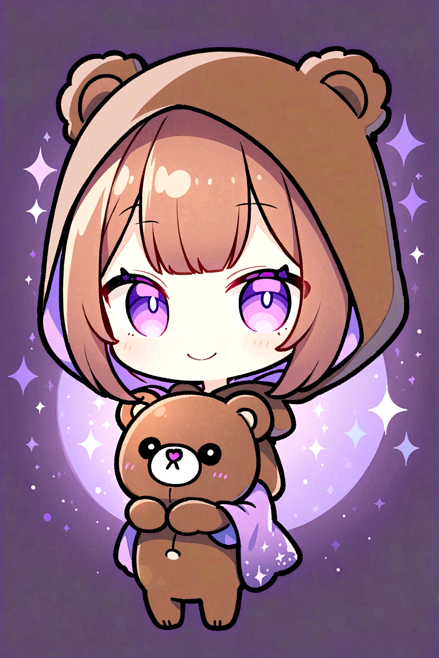smile、smile、bangs bangs、Bangs、Crisp bangs、long brown hair、Wearing a dark brown bear hood、茶髪ロングのChibi Character、Wearing a dark brown bear ear hooded blanket、Purple Eyes、Purple betta background、Chibi Character、Holding a teddy bear