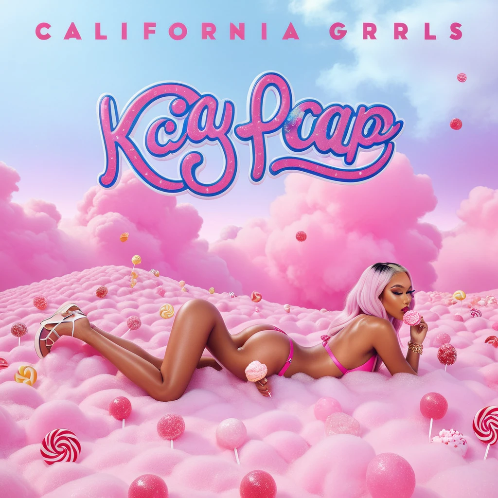 advertising poster, Promotional Photo of the Single Pop Rap CALIFORNIA GIRLS by the artist called Doja Cat, in the pink clouds dressed in bikinis, spread across the image various sweets, candies, lollipops, jellies, hair down to the feet, big ass, perfect body, landscape fantastic,