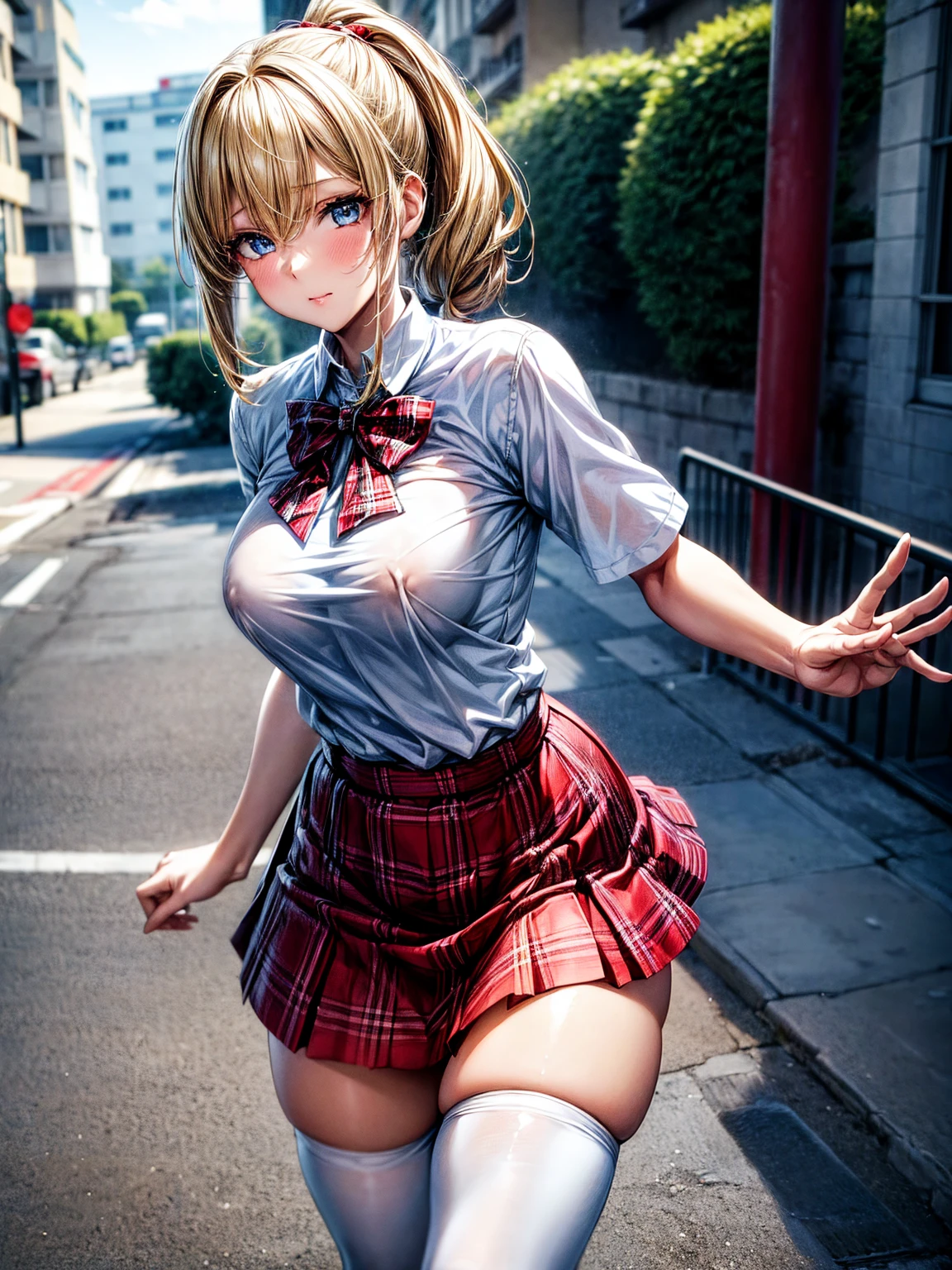 1girl,masterpiece,best quality,blonde hair,(ponytails),blue eyes,(white stockings),(red plaid skirt),short skirt,standing,in full length,medium breasts,white t shirt,in front of streets,extremely detailed,[[realistic]],beautiful alluring anime teen,seductive anime girl,waving skirt