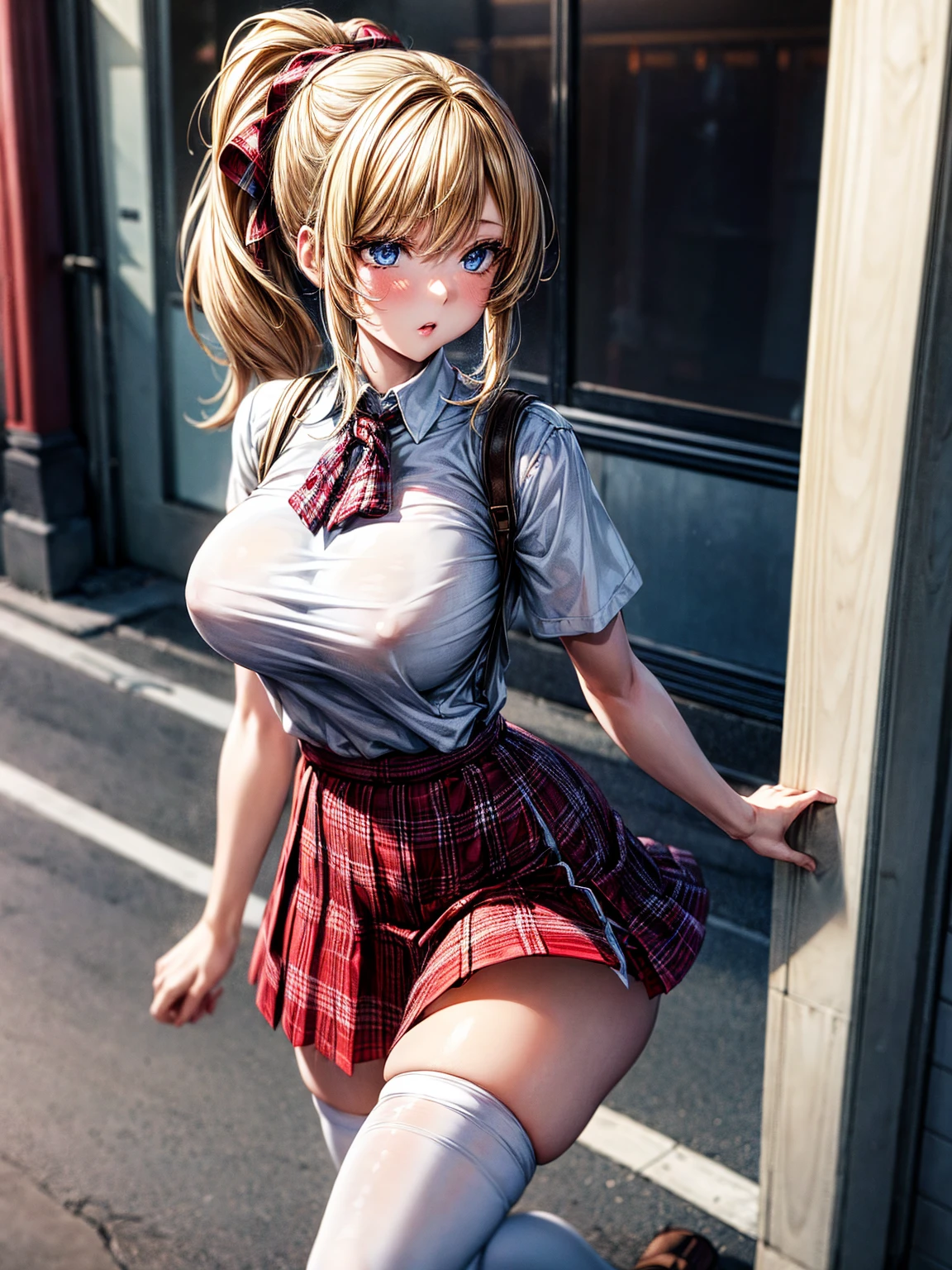 1girl,masterpiece,best quality,blonde hair,(ponytails),blue eyes,(white stockings),(red plaid skirt),short skirt,standing,in full length,medium breasts,white t shirt,in front of streets,extremely detailed,[[realistic]],beautiful alluring anime ,seductive anime girl,waving skirt