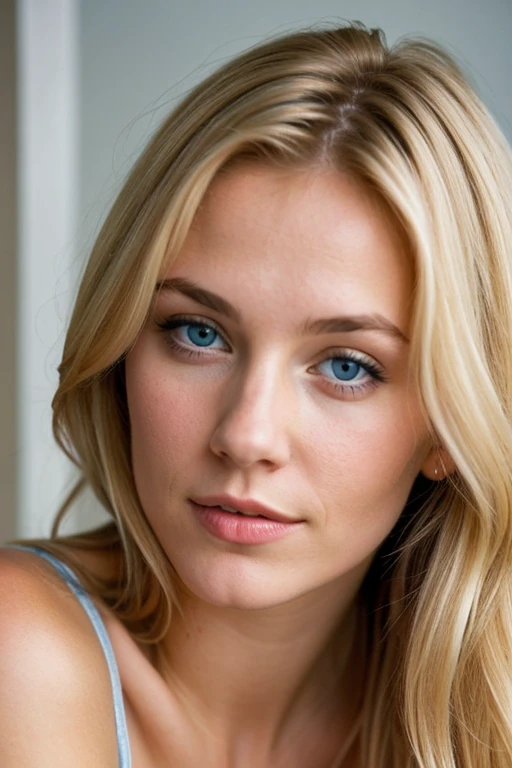 une femme blonde de type norvegiene avec les yeux bleu elle montre son vagin nue