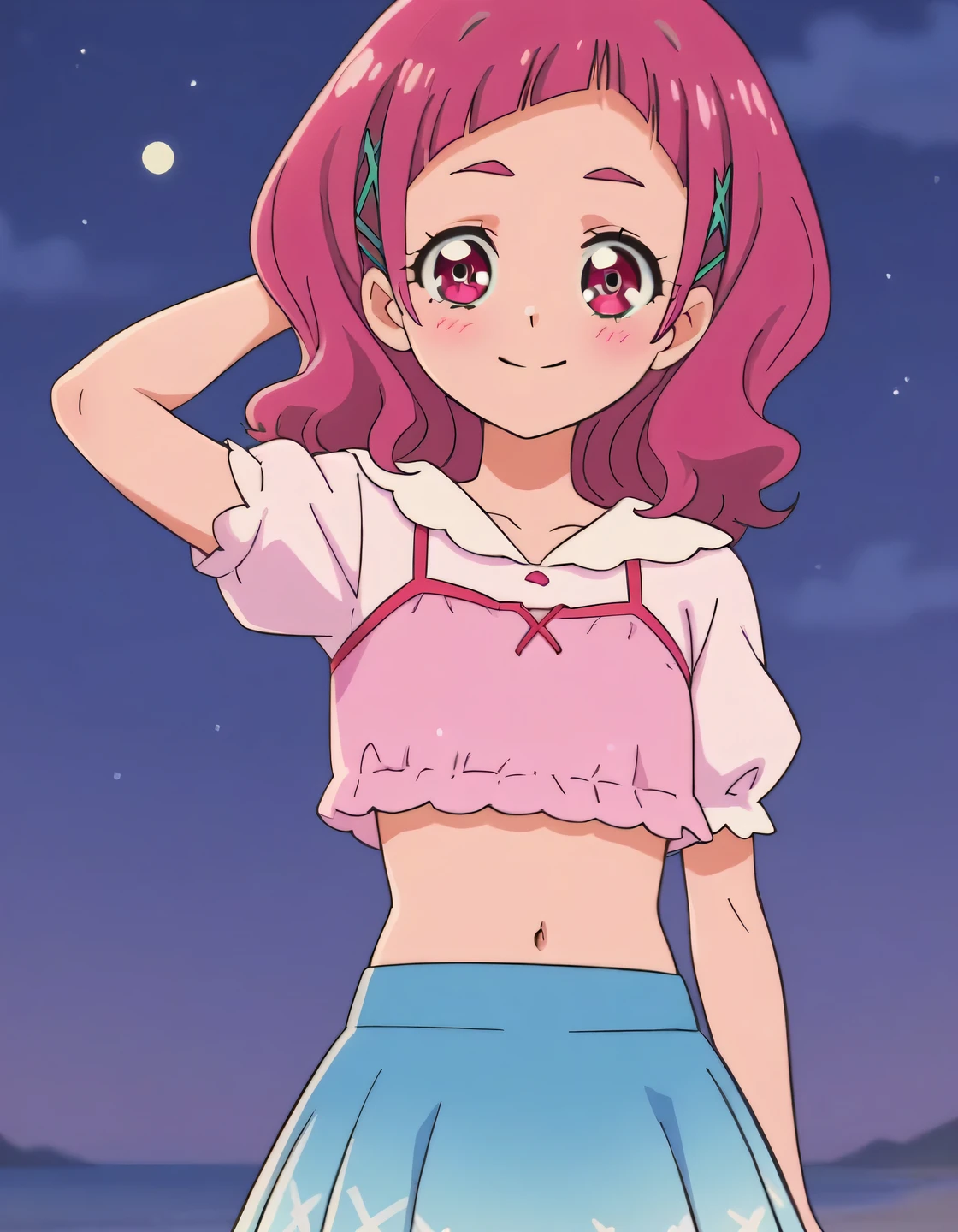 nono hana, pink eyes, pink hair, long hair, blunt bangs, hairclip, x hair ornament, layered shirt, pink shirt, short puffy sleeves, layered skirt, blue skirt, high quality, closed mouth, solo, night sky, beach, arm behind head, hand on hip, contrapposto, spread armpits, closed mouth, blushing, (cowboy shot:1.5), smile,
