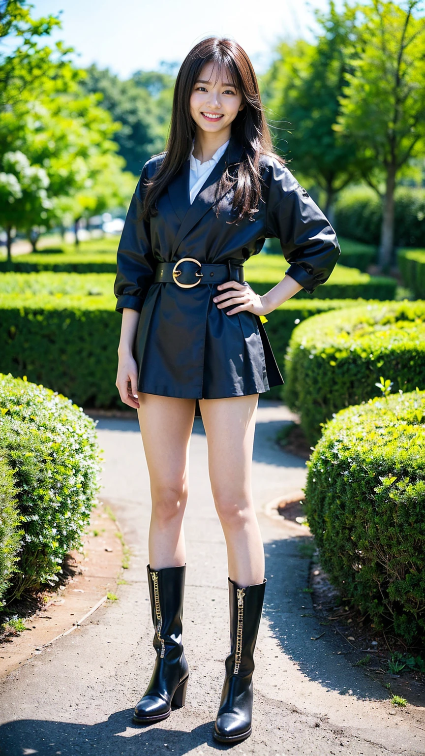 (8K、RAW Photos、Highest quality、masterpiece:1.2)、(Realistic、Realistic)、1 Girl、((mini skirt、black、Thin legs、whole body、boots、blackいコート、one piece、garden、smile、View from the front、Looking into the camera、belt、Stand with hands on hips))、