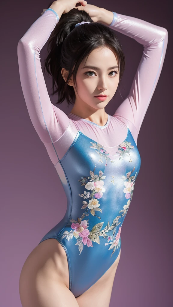 expensivequality illustration, masterpiece, Very delicate and beautiful, Attractive girl,(Gymnastics leotard, Floral print leotard,Long sleeve leotard with glittery embellishments,expensive_Leg leotard,athletic leotard,Tight-fitting leotards,Rainbow Gradient Leotard),thin,Slender body,G-cup breasts slim,expensive school,Gymnasium background,Gymnastics Club,Gymnast,Princess, Beautiful Eyes,A light smile,(masterpiece, Highest quality:1.2), expensiveres, Very detailed CG ユニティ 8K 壁紙, Perfect lighting, colorful, ultra-expensive res,4K,Very detailed, photograph, 8K, High resolution, ,