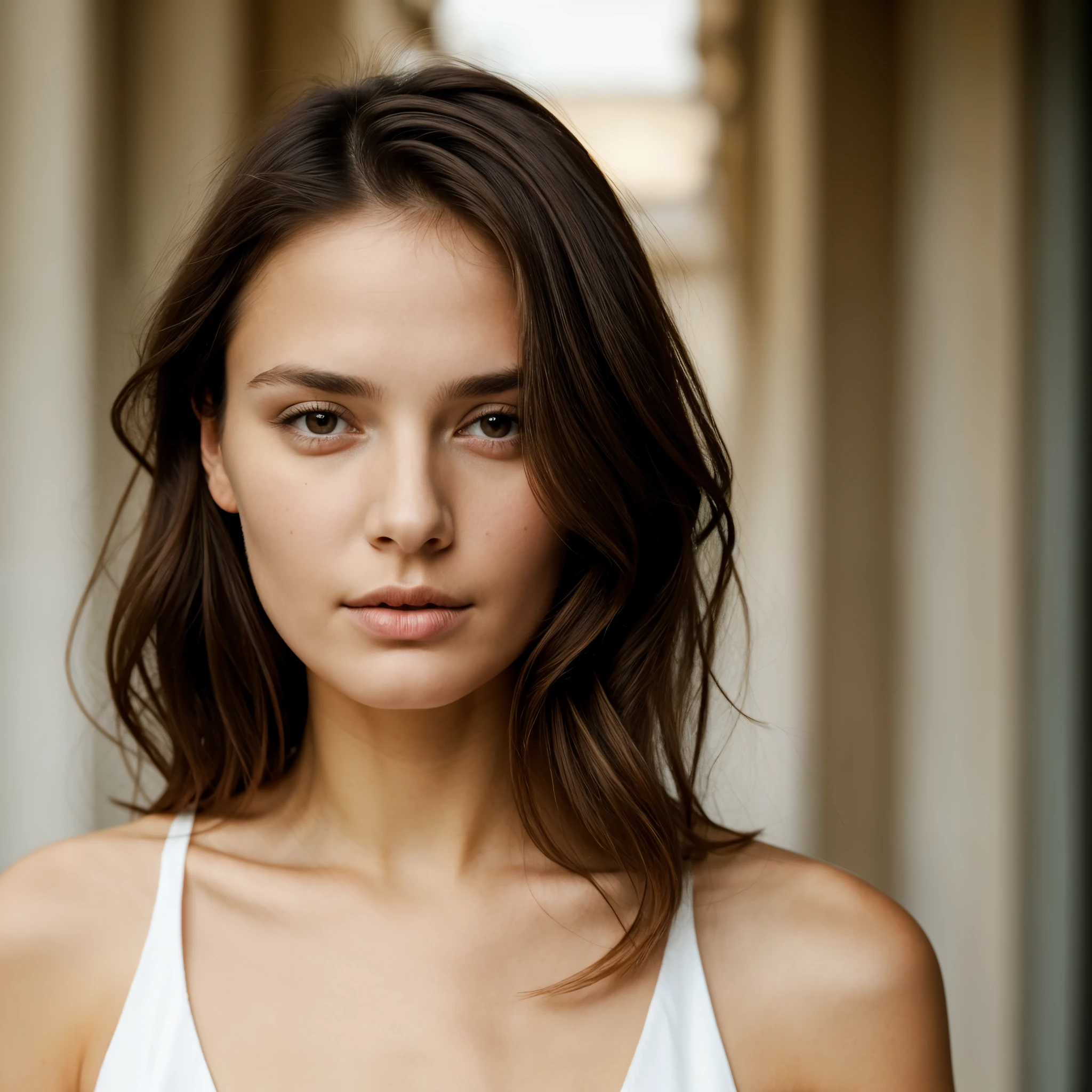 (one-1-person:1.2), beautiful French lady, brunette, no smile, dark makeup, hyperdetailed photography, soft light, head and shoulders portrait, cover, natural skin tone, skin detail, facing head full towards camera, looking direct at camera, soulful gaze, head shot, head position straight