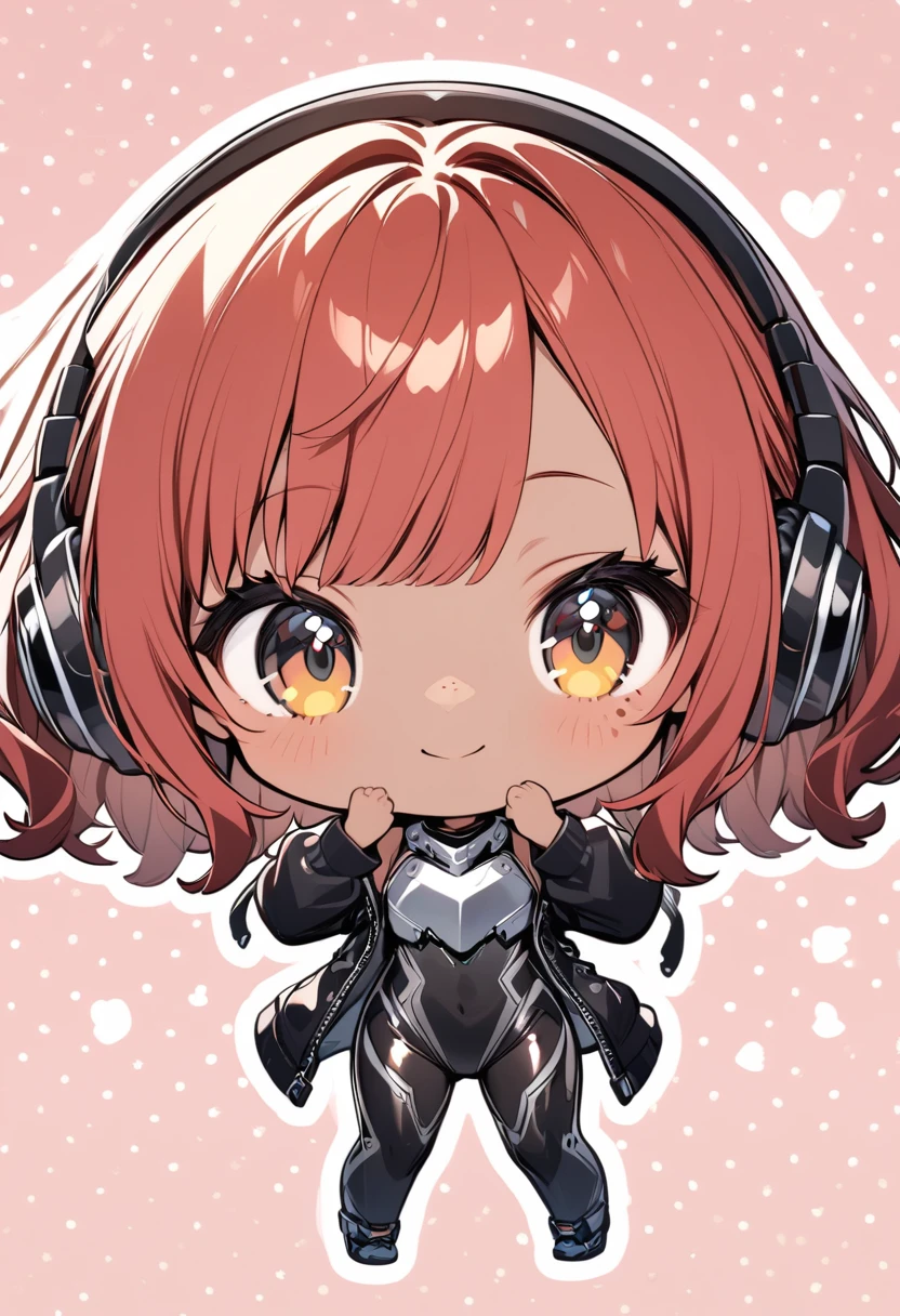 full body,1 girl,(cute:1.3),red Hair, left eye blue, right eye yellow, tan skin, freckles,{White breastplate, Black futuristic headphones, Mechanical black glossy metallic Bodysuit, Bare shoulders, oversized jacket, Glossy, shiny material,chibi emote, chibi character, cute pose