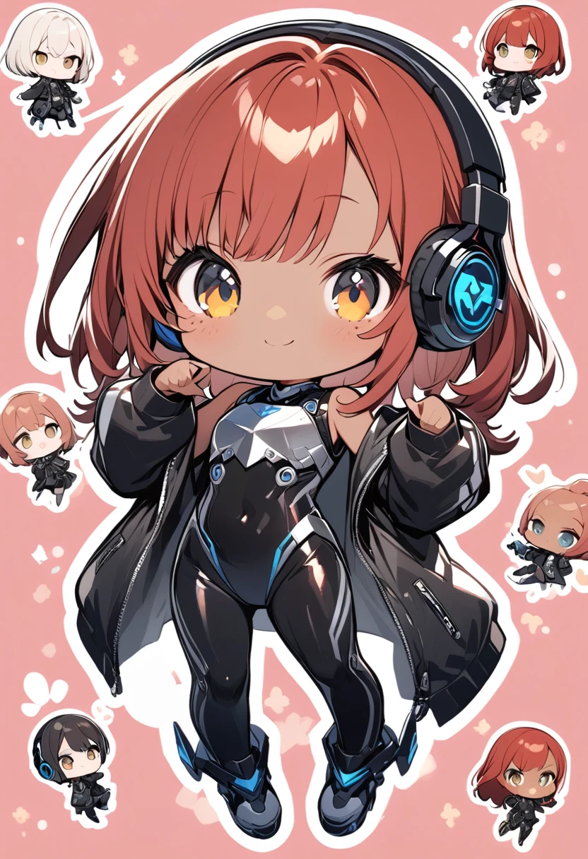 full body,1 girl,(cute:1.3),red Hair, left eye blue, right eye yellow, tan skin, freckles,{White breastplate, Black futuristic headphones, Mechanical black glossy metallic Bodysuit, Bare shoulders, oversized jacket, Glossy, shiny material,chibi emote, chibi character, cute pose
