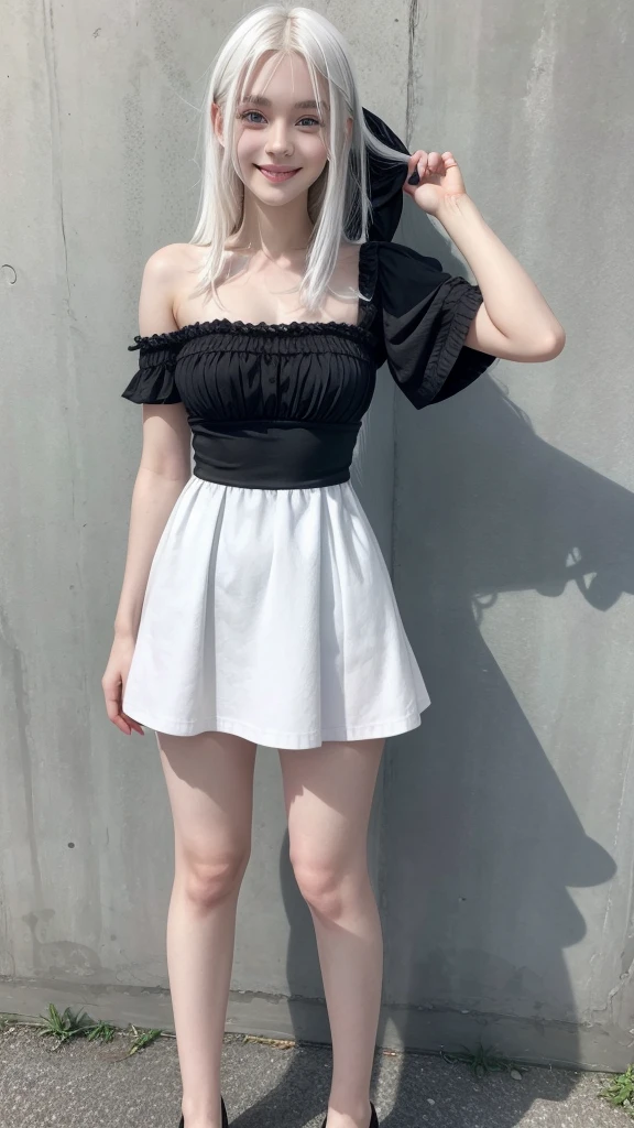 female teenager with white hair, white skin and blue eyes wearing short black dress and smiling full body