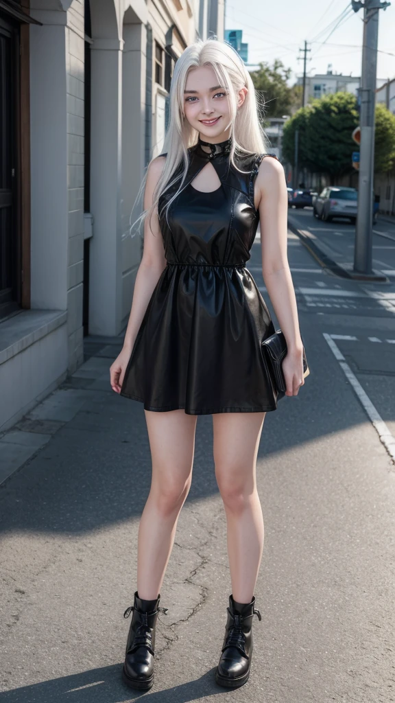 female teenager with white hair, white skin and blue eyes wearing short black dress and smiling full body 