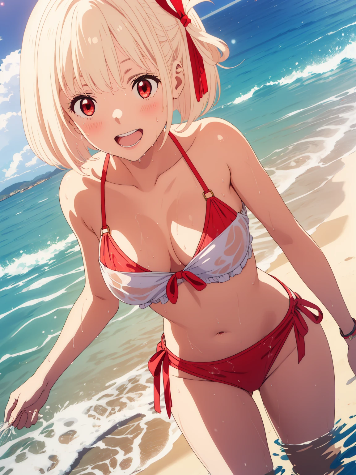 ( masterpiece), ( best quality), (ultra-detailed), very aesthetic, illustration, perfect composition, intricate details, absurdres,( hires textures, high detail:1.2), ( 8k),( incredibly detailed), medium breast,
BREAK
moody angle,( 1girl, solo:1.3), Chisatoniki, Chisato, short hair, bangs, blonde hair, (red eyes:1.5), hair ribbon, one side up, bob cut, bare shoulders, twin tails, clavicle, red bikini, white shirt,( wet shirt), Upper breasts that are barely out, stomach, red ribbon, short twin tails,
BREAK
smile, open mouth, blush, very detailed background, outdoors, standing on water, floating particles, water, Splash, ocean background, shore, sexual pose
