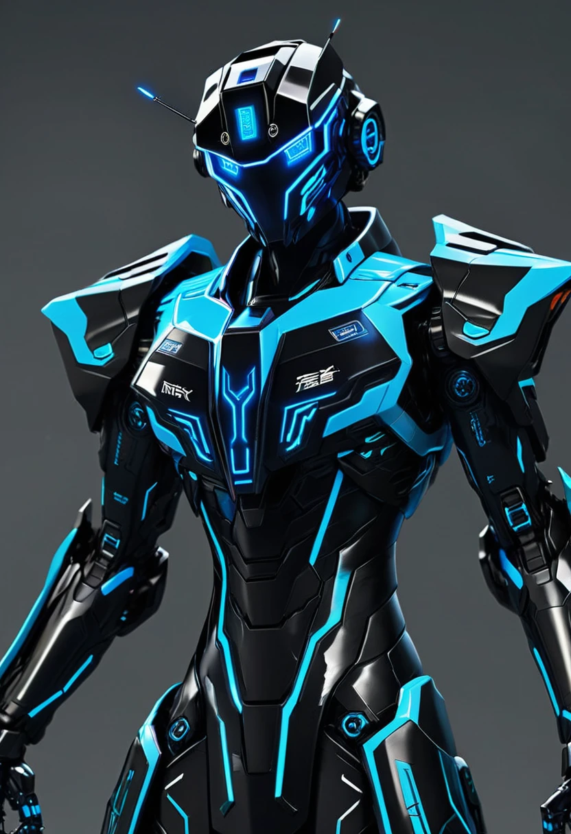 full body Black mecha with neon blue details, highlighting circuits and components, delegate mecha, neon daggers, mecha helmet with visor, light and flexible mecha armor with binary codes, long and thin mecha arm with metallic fingers, robust and articulated mecha pears with retractable thrusters, mecha with digital camouflage cloak,
