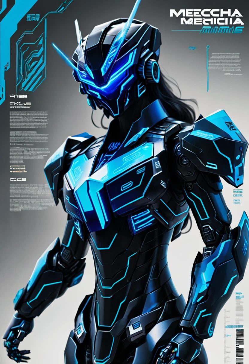 full body Black mecha with neon blue details, highlighting circuits and components, delegate mecha, neon daggers, mecha helmet with visor, light and flexible mecha armor with binary codes, long and thin mecha arm with metallic fingers, robust and articulated mecha pears with retractable thrusters, mecha with digital camouflage cloak,