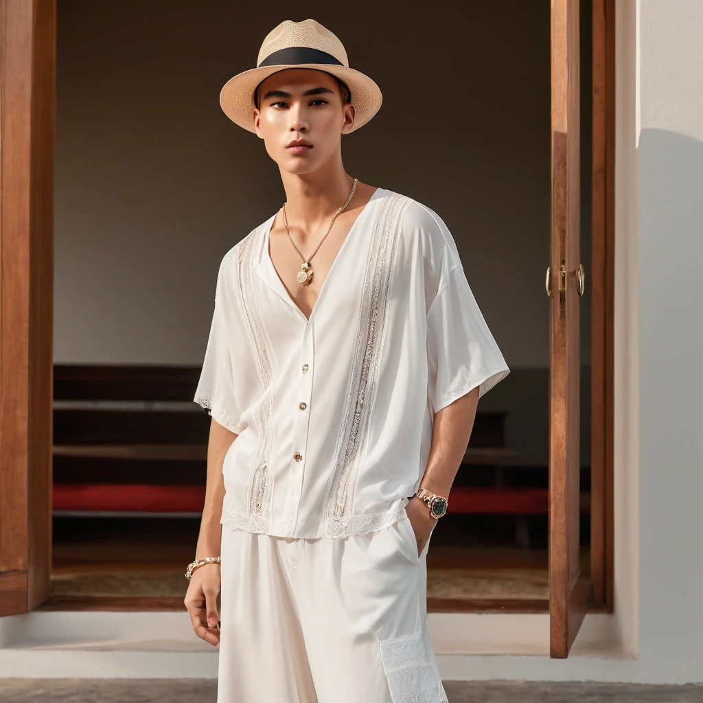 candid fashion photography of young man and woman, both aged 20 year old, ((showcase fashion look book in a White rayon outfits)), inspired by Zara's resort collection 2020 in elegant young bohemian style. The man wears an oversized short-sleeved bowling white shirt with a pocket details, paired with relaxed-fit white Sports Wide Leg Baggy short and Drawstring, He completes his look with white sneakers, sunglasses and bracelet. The woman complements him in a white Ankle-length dress in a rayon with delicate lace insets, V-shaped neckline, covered buttons down the front and an open section, (sleeveless with spaghetti shoulder straps), Gathered waist, lace hem, Her ensemble includes an accessorizes with a wide-brimmed straw hat, white sneakers and necklace. Captured in a low angle, ((full-body image)), The photograph is taken with a Canon EOS R camera using an 85mm f/1.8 lens at an f/2.2 aperture, utilizing natural light. Employing three-point lighting and incorporating 3D animation shadows enhances his features and adds depth to the composition. The careful layering and arrangement of his body parts and surrounding objects ensure a flawless composition. This masterpiece celebrates the beauty of the male form and invites viewers to immerse themselves in a world of sophistication and charm. The seductive lighting and intricate details, combined with a dramatic composition, invite viewers to revel in the essence of a fun-filled day, brimming with joy and relaxation. Attention is meticulously paid to the layers and arrangement of his body parts and surrounding objects, ensuring correct body structure and photo distance. The romantic atmosphere, paired with a lively and extremely gorgeous background, enhances the overall allure of this exquisite image.