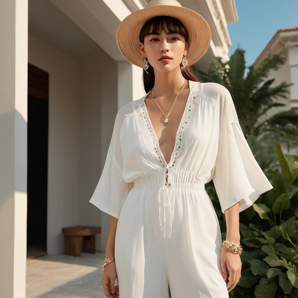 candid fashion photography of young man and woman, both aged 20 year old, ((showcase fashion look book in a White rayon outfits)), inspired by Zara's resort collection 2020 in elegant young bohemian style. The man wears an oversized short-sleeved bowling white shirt with a pocket details, paired with relaxed-fit white Sports Wide Leg Baggy short and Drawstring, He completes his look with white sneakers, sunglasses and bracelet. The woman complements him in a white Ankle-length dress in a rayon with delicate lace insets, V-shaped neckline, covered buttons down the front and an open section, (sleeveless with spaghetti shoulder straps), Gathered waist, lace hem, Her ensemble includes an accessorizes with a wide-brimmed straw hat, white sneakers and necklace. Captured in a low angle, ((full-body image)), The photograph is taken with a Canon EOS R camera using an 85mm f/1.8 lens at an f/2.2 aperture, utilizing natural light. Employing three-point lighting and incorporating 3D animation shadows enhances his features and adds depth to the composition. The careful layering and arrangement of his body parts and surrounding objects ensure a flawless composition. This masterpiece celebrates the beauty of the male form and invites viewers to immerse themselves in a world of sophistication and charm. The seductive lighting and intricate details, combined with a dramatic composition, invite viewers to revel in the essence of a fun-filled day, brimming with joy and relaxation. Attention is meticulously paid to the layers and arrangement of his body parts and surrounding objects, ensuring correct body structure and photo distance. The romantic atmosphere, paired with a lively and extremely gorgeous background, enhances the overall allure of this exquisite image.