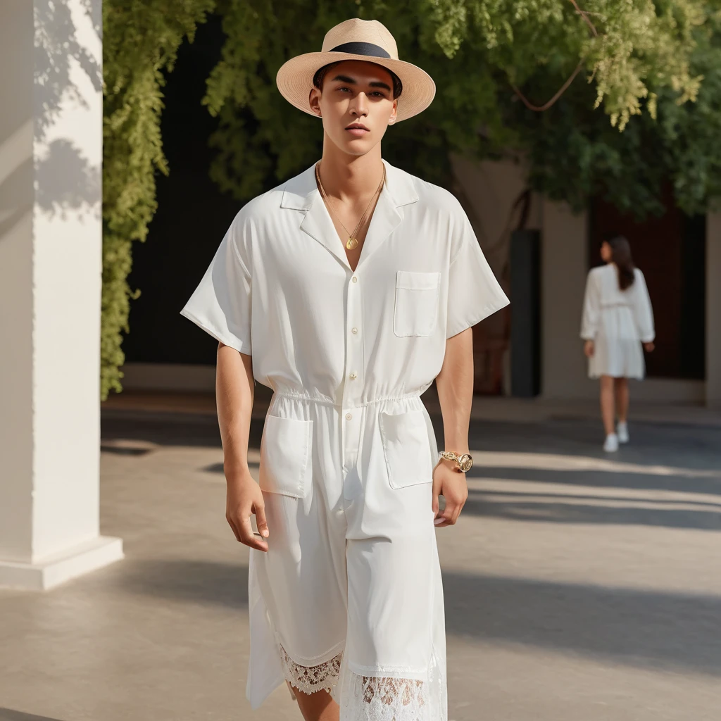 candid fashion photography of young man and woman, both aged 20 year old, ((showcase fashion look book in a White rayon outfits)), inspired by Zara's resort collection 2020 in elegant young bohemian style. The man wears an oversized short-sleeved bowling white shirt with a pocket details, paired with relaxed-fit white Sports Wide Leg Baggy short and Drawstring, He completes his look with white sneakers, sunglasses and bracelet. The woman complements him in a white Ankle-length dress in a rayon with delicate lace insets, V-shaped neckline, covered buttons down the front and an open section, (sleeveless with spaghetti shoulder straps), Gathered waist, lace hem, Her ensemble includes an accessorizes with a wide-brimmed straw hat, white sneakers and necklace. Captured in a low angle, ((full-body image)), The photograph is taken with a Canon EOS R camera using an 85mm f/1.8 lens at an f/2.2 aperture, utilizing natural light. Employing three-point lighting and incorporating 3D animation shadows enhances his features and adds depth to the composition. The careful layering and arrangement of his body parts and surrounding objects ensure a flawless composition. This masterpiece celebrates the beauty of the male form and invites viewers to immerse themselves in a world of sophistication and charm. The seductive lighting and intricate details, combined with a dramatic composition, invite viewers to revel in the essence of a fun-filled day, brimming with joy and relaxation. Attention is meticulously paid to the layers and arrangement of his body parts and surrounding objects, ensuring correct body structure and photo distance. The romantic atmosphere, paired with a lively and extremely gorgeous background, enhances the overall allure of this exquisite image.