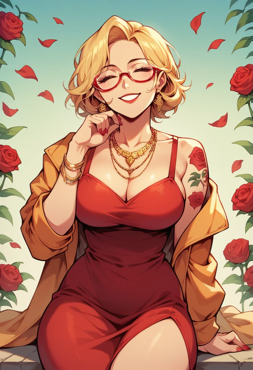 blonde hair woman, milf, red dress, several golden necklaces, golden small jacket, red glasses, sit in sofácity, thin chin, smile, roses tattoos