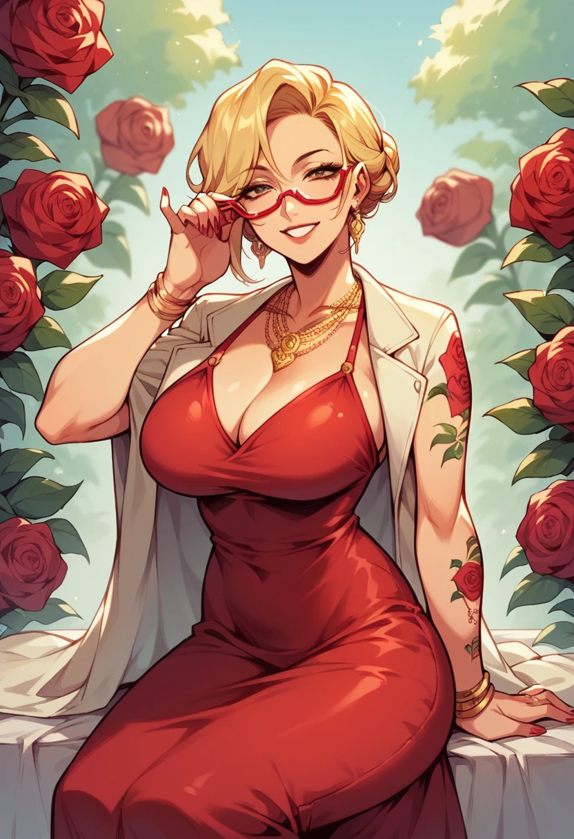 blonde hair woman, milf, red dress, several golden necklaces, golden small jacket, red glasses, sit in sofácity, thin chin, smile, roses tattoos