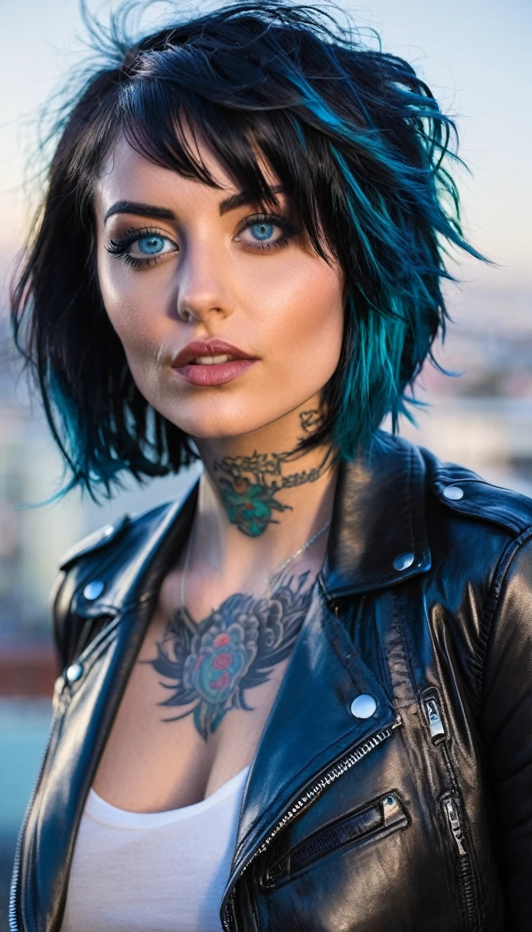 Beautiful 25 year old woman, Bblack hair, Bob Cut, blue colored eyes, visual muscle, Messy hair, tattooed neck, leather jacket, San Francisco in the background, Kink, malignant aura, natta, Kink.