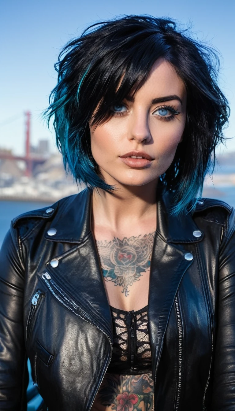 Beautiful 25 year old woman, black hair, Bob cut, blue eyes, sightly muscled, small breasts, messy hair, tattooed neck, leather jacket, San Francisco in the background, kinky, evil aura, night, piercings, fishnet stockings, detailed, masterpiece, hdr, (perfect hands).