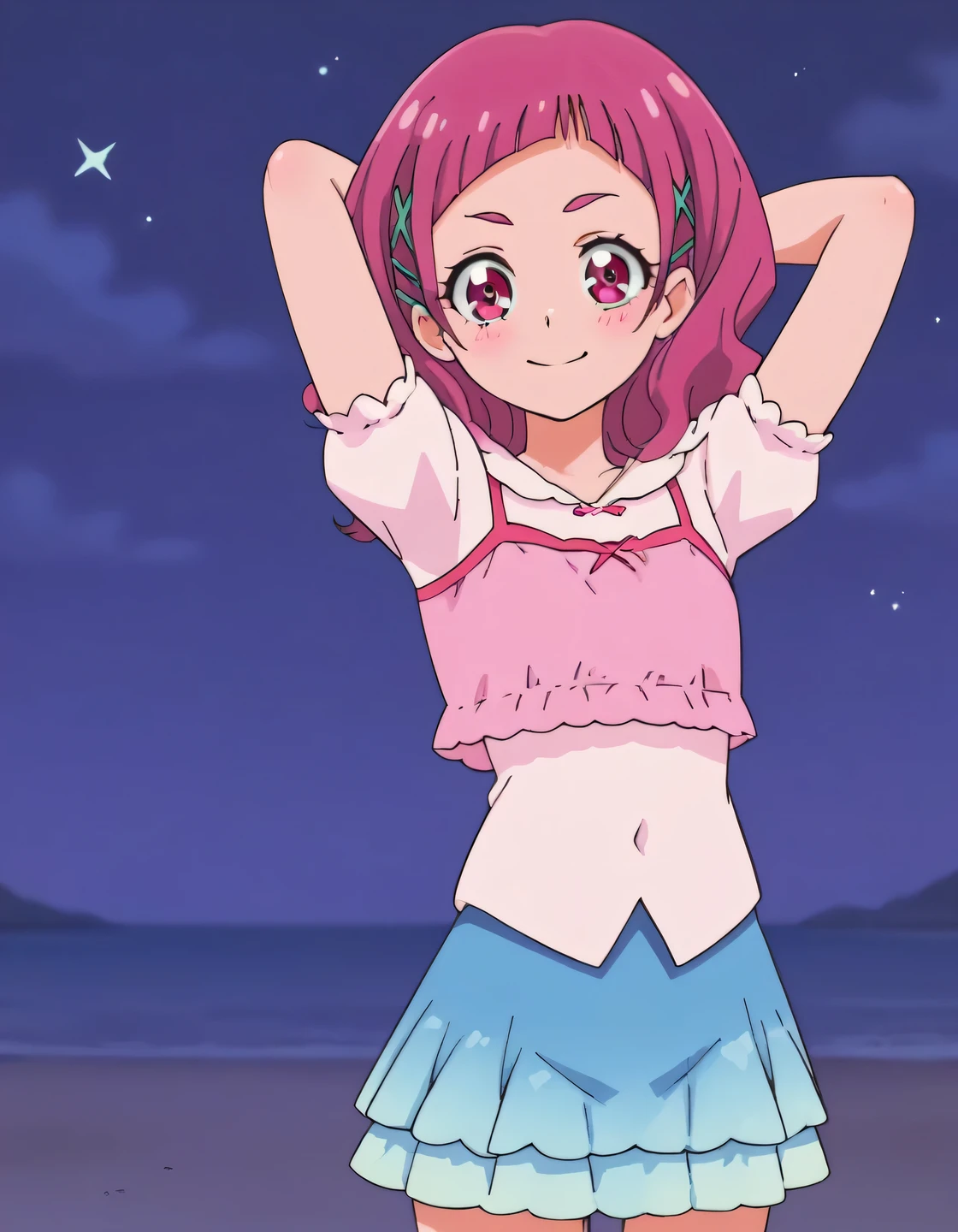 nono hana, pink eyes, pink hair, long hair, blunt bangs, hairclip, x hair ornament, layered shirt, pink shirt, short puffy sleeves, layered skirt, blue skirt, high quality, closed mouth, solo, night sky, beach, arms behind head, contrapposto, spread armpits, closed mouth, blushing, (cowboy shot:1.5), smile,