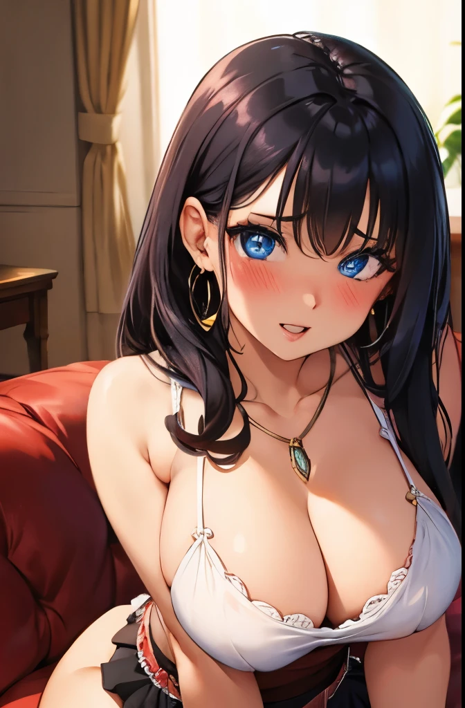 a view from below, thick hair, crystal blue eyes, open mouth, aroused 25 years old, playfully aroused, cleavage, low cut tanktop , skirt, stretching, coy smile with open parted lips, (blushing:1.3), looking invitingly at the viewer, seductive eyes, facing the viewer, livingroom background, posing by the sofa, (pov), glowing eyes, necklace, earrings, nsfw,