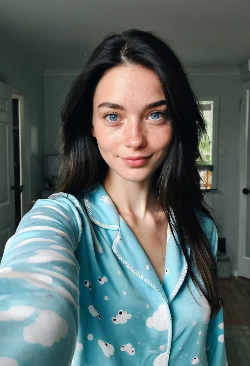 Instagram Selfie , A beautiful 23 year old woman , slightly-smile , face and eyes detailed skin , natural lighting , in house , long hair, wearing cute pajamas , Film grain, low-contrast, face natural , freckles , Bblack hair , blue colored eyes, dark circles under his eyes