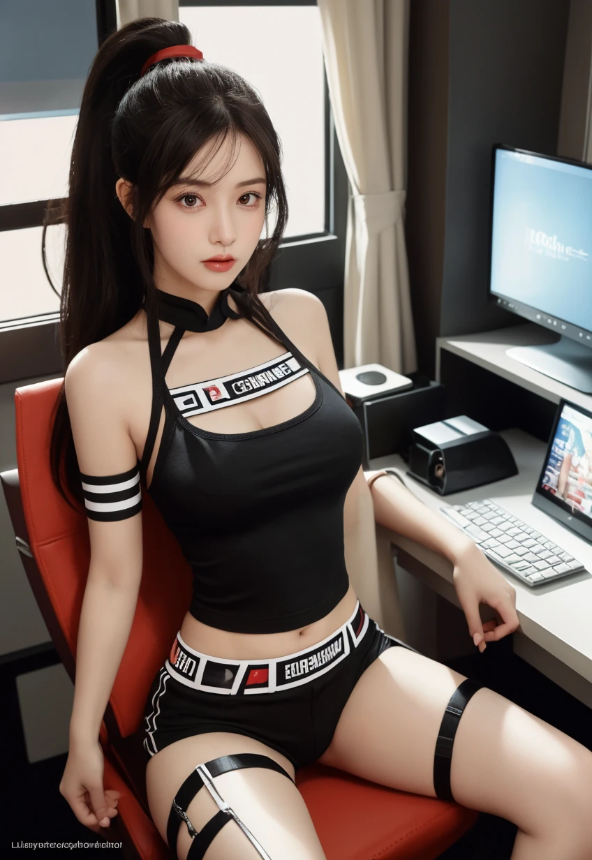 ​masterpiece、1 Beautiful Girl、A detailed face、A detailed eye、Detailed skin、top-quality、japanes、Illuminated from the front with bright lighting、profetional lighting、The background is a little blurry、short-hair(poneyTail)、The costume is black leather jeans(The front zipper is always open./Plain white T-shirt underneath)and black leather pants、Punkish girl、Tattoo of a star on the face、A glaring look、Angry、background is city at night(Colorful neon lights glow/Elements of cyberpunk/ruins)、Monitors and machines are everywhere、There is a guitar and a stand microphone beside it.、Wearing silver earrings、Wearing a silver necklace、Sitting on the drum set、