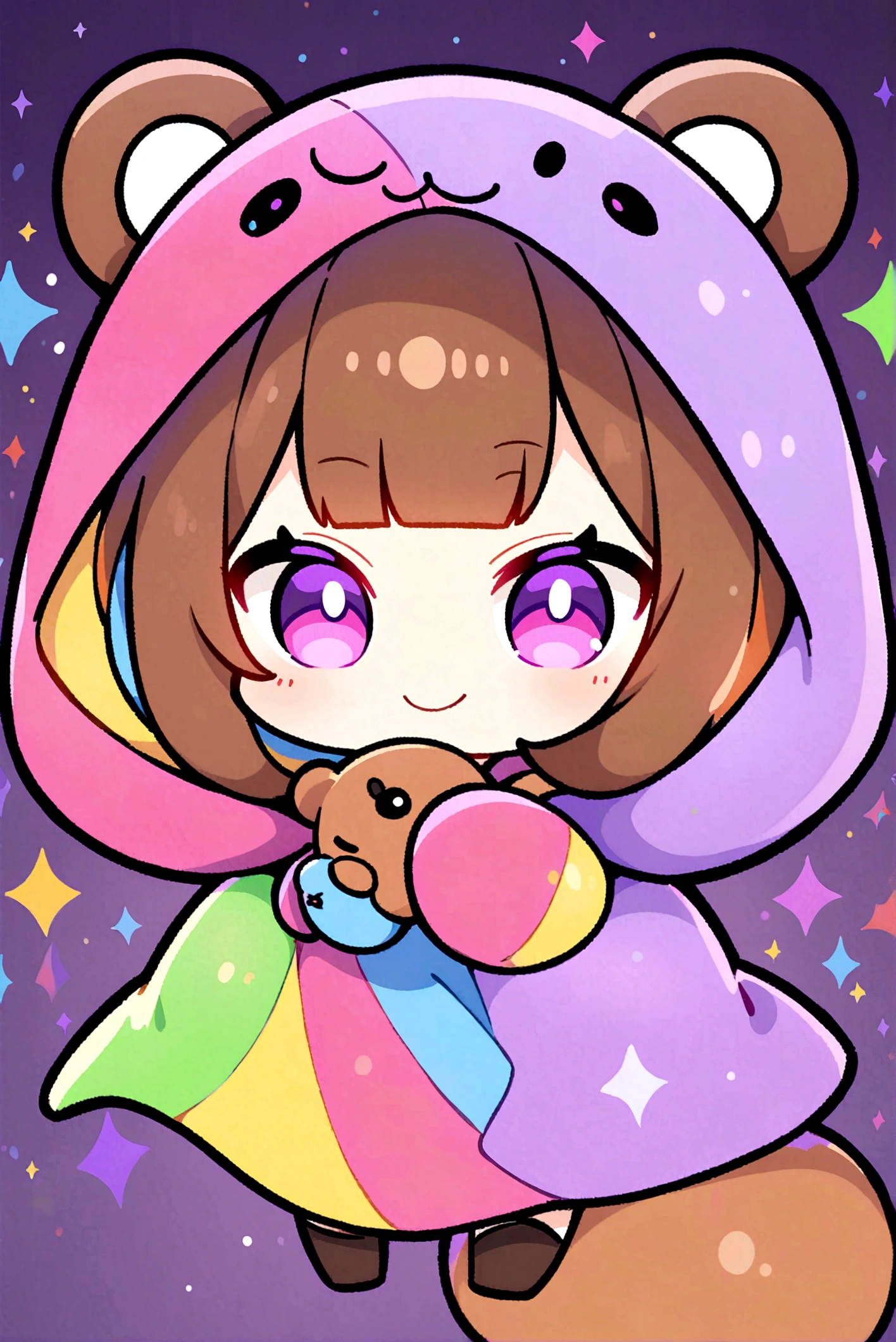 smile、smile、bangs bangs、Bangs、Crisp bangs、long brown hair、Wearing a dark brown bear hood、茶髪ロングのChibi Character、Wearing a dark brown bear ear hooded blanket、Purple Eyes、Purple betta background、Chibi Character、Holding a teddy bear