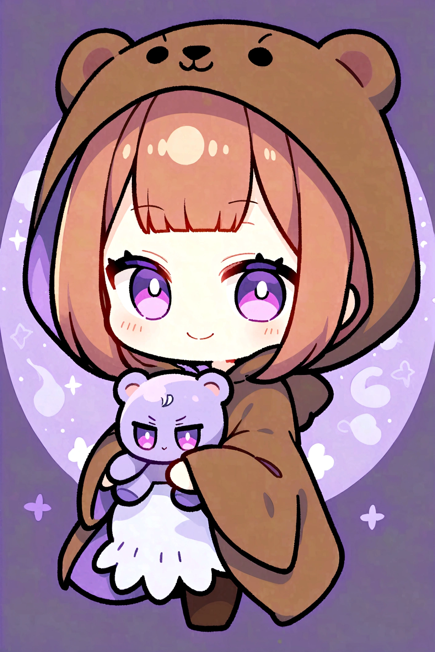 smile、smile、bangs bangs、Bangs、Crisp bangs、long brown hair、Wearing a dark brown bear hood、茶髪ロングのChibi Character、Wearing a dark brown bear ear hooded blanket、Purple Eyes、Purple betta background、Chibi Character、Holding a teddy bear