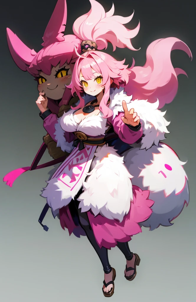 High detailed, 1 girl, wild-like hairstyle, dark-pink hair, detailed eyes, yellow eyes, busty buson, chunky, viking clothes, fluffy skirt, fluffy boots, smiling, Full body