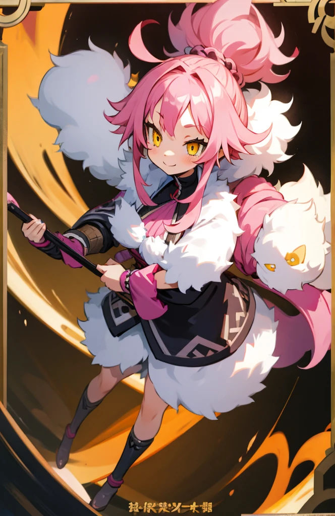 High detailed, 1 girl, wild-like hairstyle, dark-pink hair, detailed eyes, yellow eyes, busty buson, chunky, viking clothes, fluffy skirt, fluffy boots, smiling, Full body