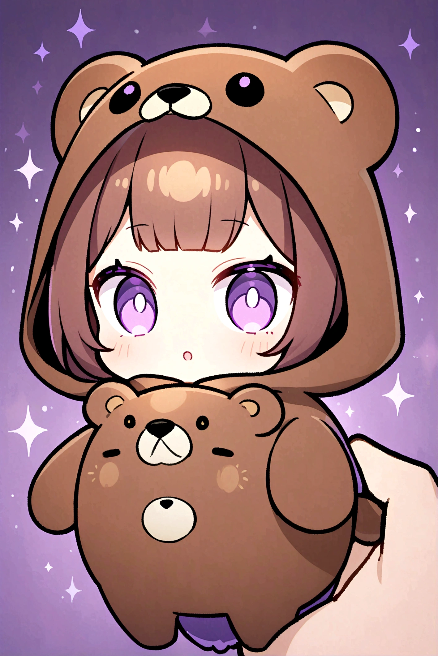 Brown Hair、Wearing a dark brown bear hood、Bangs、Bangs Style、茶髪ロングのChibi Character、Wearing a dark brown bear ear hooded blanket、Purple Eyes、Purple betta background、Chibi Character、Holding a teddy bear