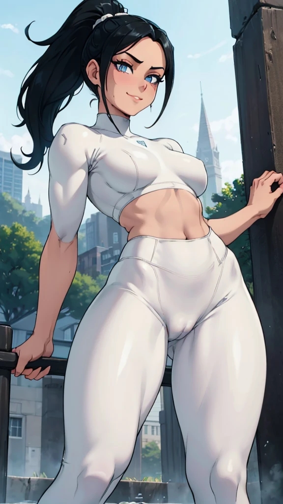 Black hair girl with a ponytail, standing looking at the ground with an air of superiority. She has small breasts and is wearing white leggings. muscular girl, naughty smile. detailded, beautiful face, blue colored eyes. bottom to top. crotch focus. Cunt scoring. Wet pussy. delicious.