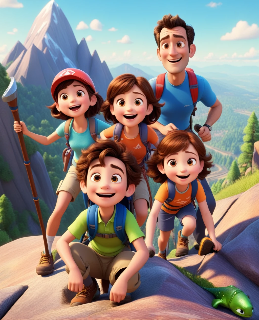 A happy family climbing a mountain, 3d pixar style