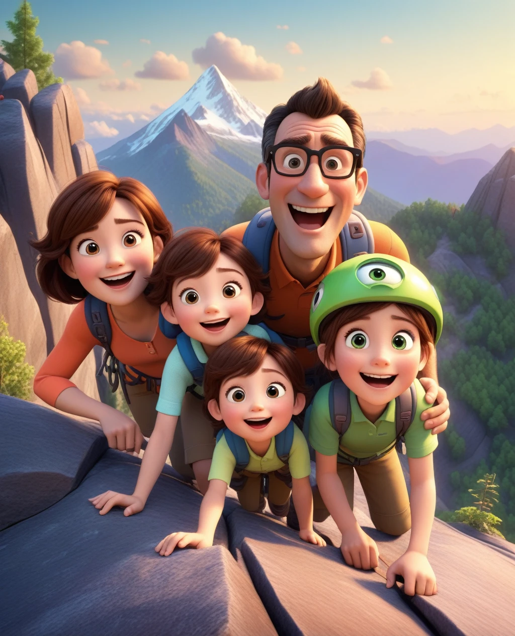 A happy family climbing a mountain, 3d pixar style