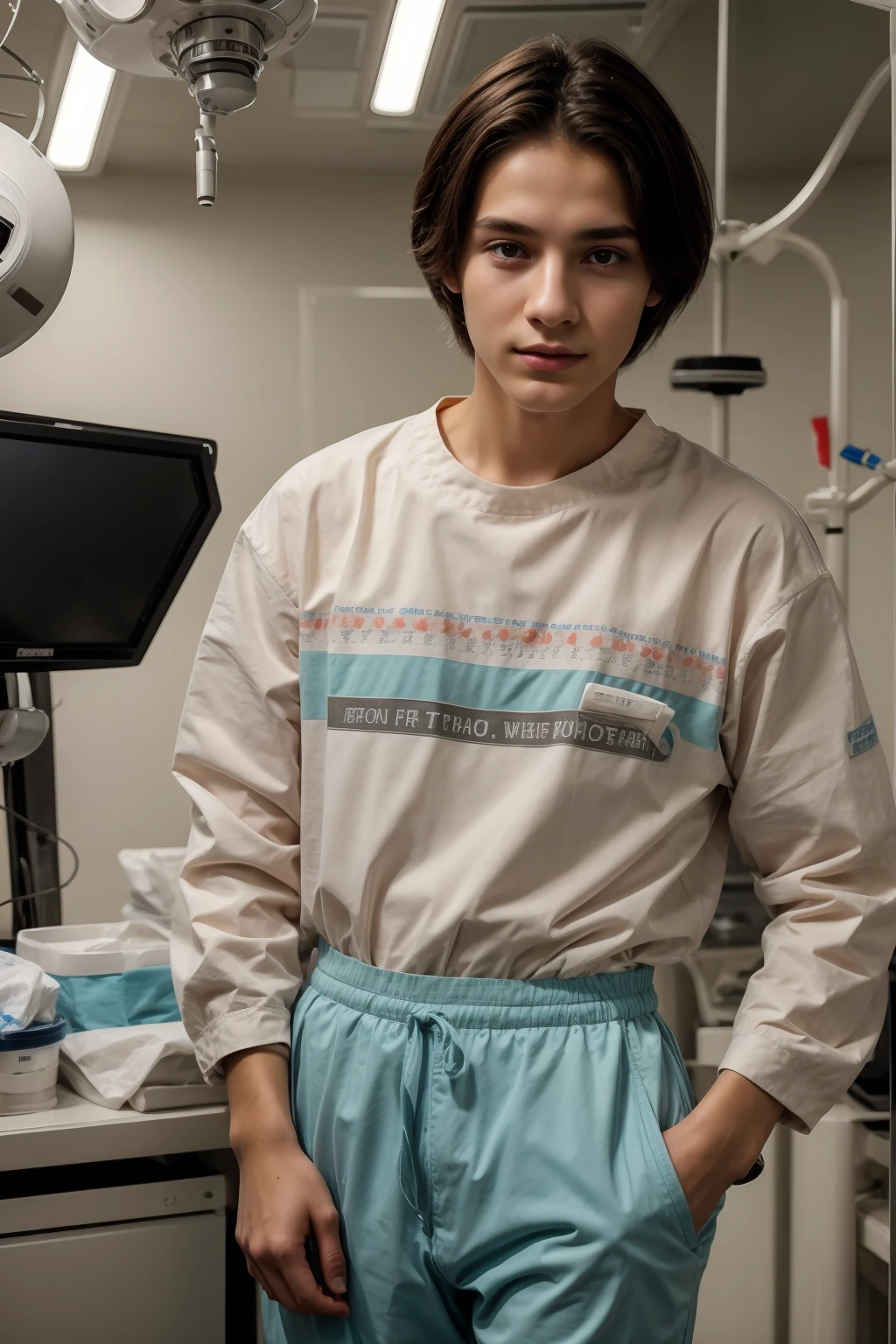 A beautiful young male twink with a face with reddish makeup. He has black hair. He is wearing a long-sleeved, white, printed shirt and aqua blue pants. He is in the surgical operating room, with medical equipment and medical instruments behind him, and behind him, he looks proudly.