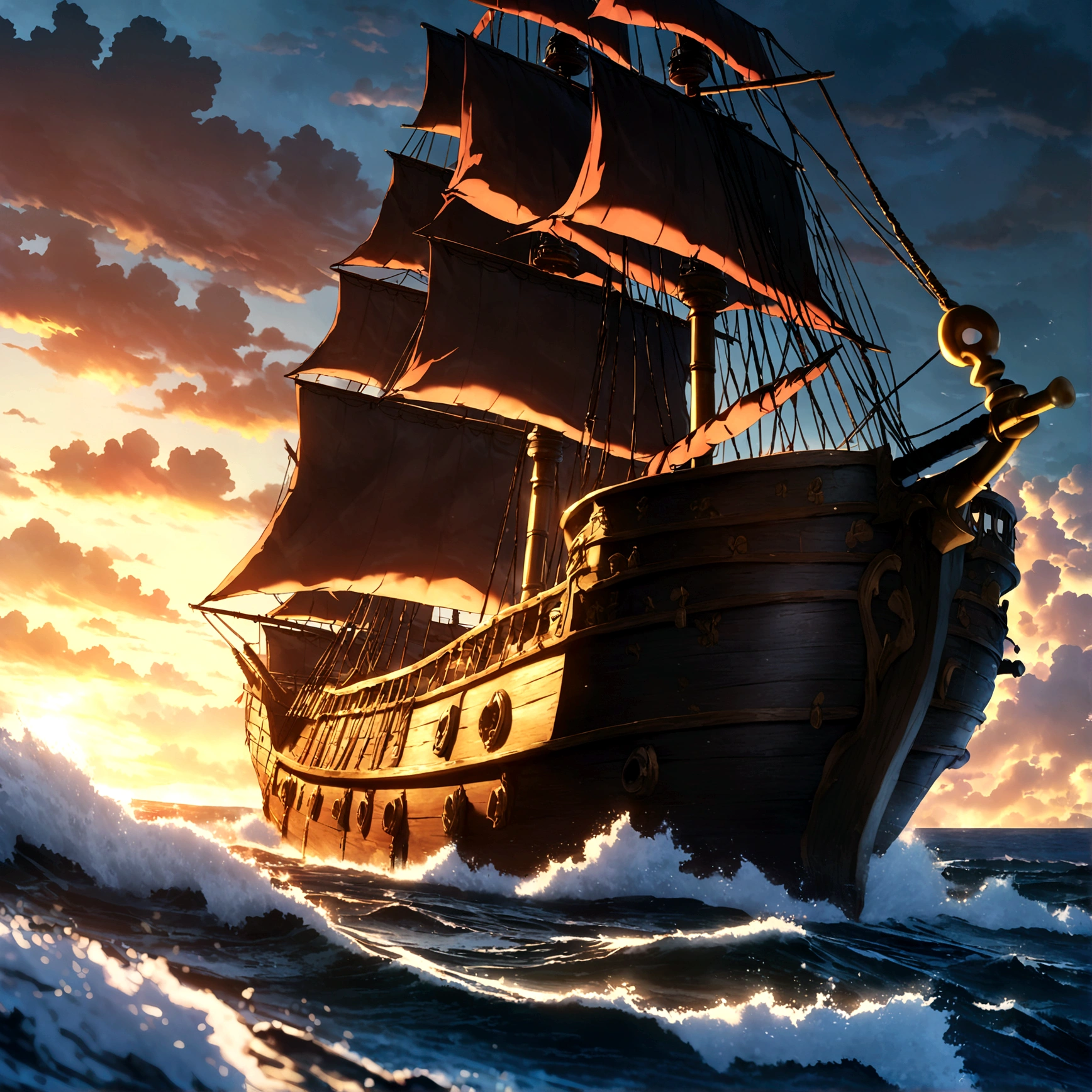 Large pirate ship, black wood, gold accents, red flag with a black skull with red eyes, black sails, sprawling ship bow, stormy ocean background, "One Piece-inspired anime features, drenched in dramatic and stunning lighting, dramatic lighting, infused with creative details, ultra-fine 2D design, scenery bathed in creativity, bathed in creativity, boasting HD anime resolution clarity, HD anime graphics, high-octane rendering"