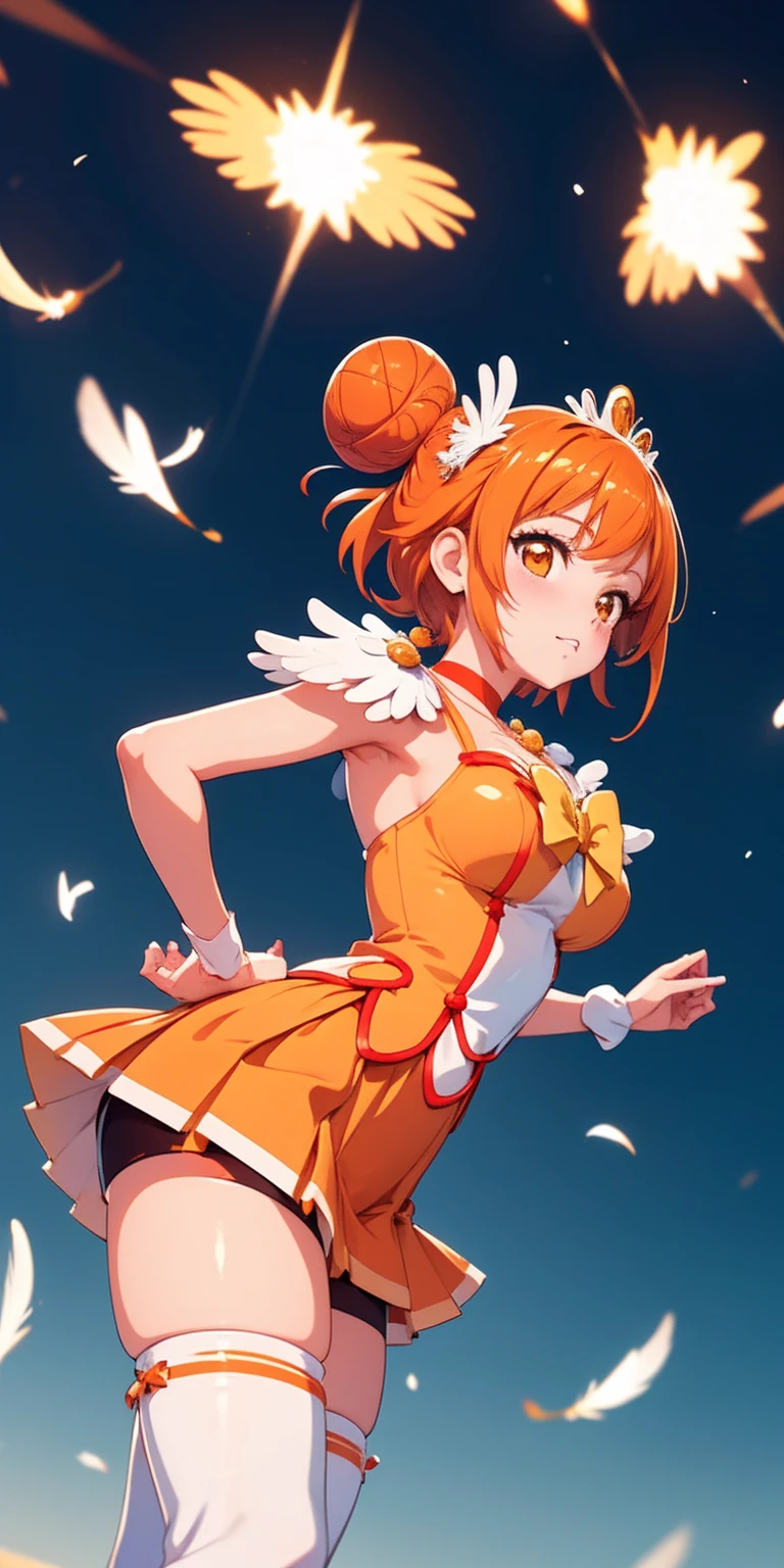 (Masterpiece, plain background:1.2, far shot view from below angle,1chica 1solo) de pie cuerpo completo, mujer madura, sunny_a, orange eyes, orange hair, single bun hair, feather hair ornament, tiara, orange choker, cure sunny costume, orange shorts under skirt, orange shorts, boots