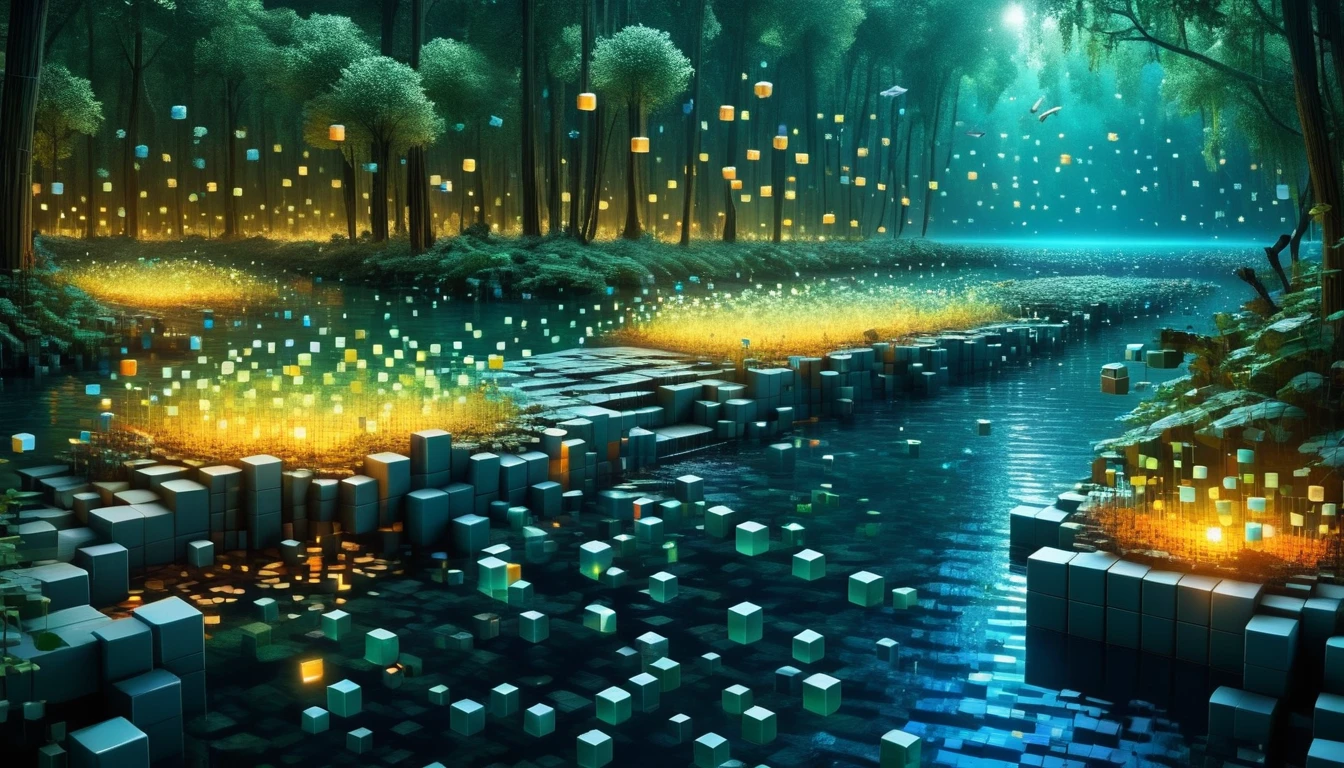 RAL-A fascinating river made up of 3D cubes, There are lots of small fish,Surrounded by the fantastic light of fireflies,There are lots of small fish,Very beautiful secret forest,Birds are also flying