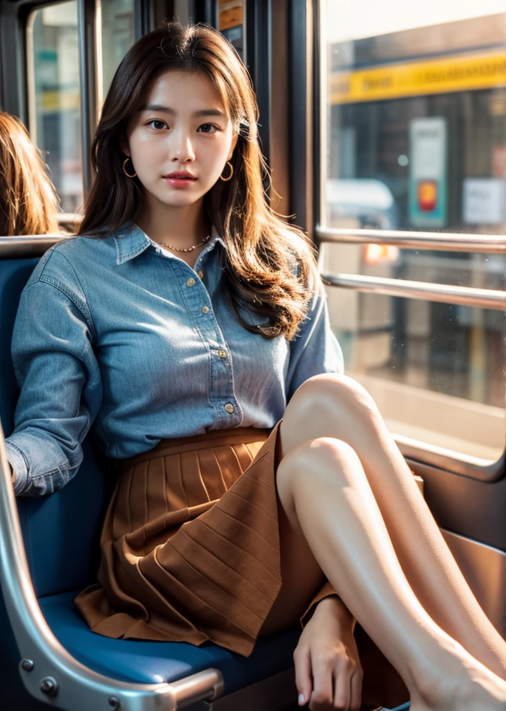 A beautiful Korean girl in a with a skirt above knee length, an extremely detailed and realistic portrait, high quality, photorealistic, 8k, vivid colors, studio lighting, warm color tones, detailed facial features, piercing eyes, perfectly sculpted lips, delicate skin, flowing hair, beautiful expression, elegant posture, , pleated skirt, waiting in bus stop, natural lighting, spotlights on face, intricate details, hyper-realistic, award-winning digital art, beautiful bright soft thighs, realistic skin, realistic face, Realistic beauty