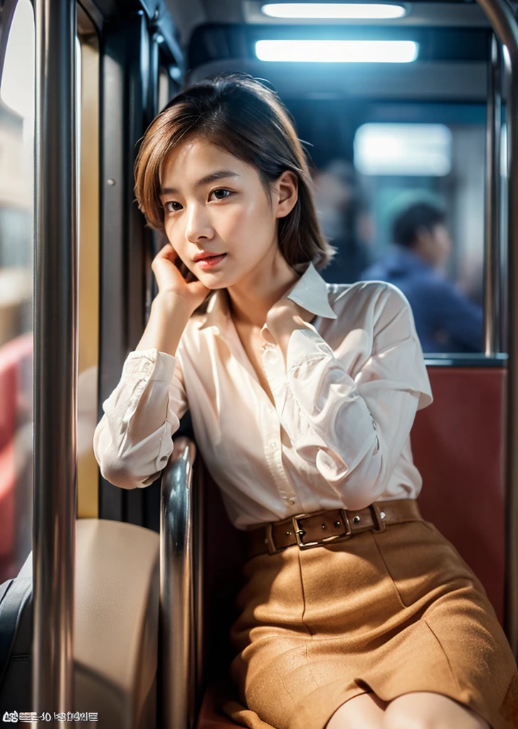 A beautiful Korean girl in a with a skirt above knee length, an extremely detailed and realistic portrait, high quality, photorealistic, 8k, vivid colors, studio lighting, warm color tones, detailed facial features, piercing eyes, perfectly sculpted lips, delicate skin, flowing hair, beautiful expression, elegant posture, , pleated skirt, waiting in bus stop, natural lighting, spotlights on face, intricate details, hyper-realistic, award-winning digital art, beautiful bright soft thighs, realistic skin, realistic face, Realistic beauty