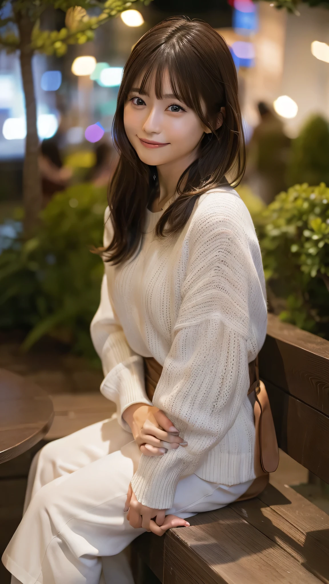 8K,Highest quality, Ultra-high resolution, (Realistic:1.4), RAW Photos, (Upper thigh:1.3, From the side:1.1), (Bokeh:1.4), (Suite Room),Waterside Cafe, 1 Japanese girl, cute, (alone:1.6), (A shy smile), (Dark brown eyes), Smooth Skin, (Brown medium hair,bangs), (Touching your hair:1.4),Nogizaka,garden,Fashionable clothes、Full Body Lesbian、:1.2:1.2